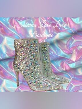 Luxe Sparkling Aurora Borealis Rhinestone Crystal Bejeweled Ankle Boots